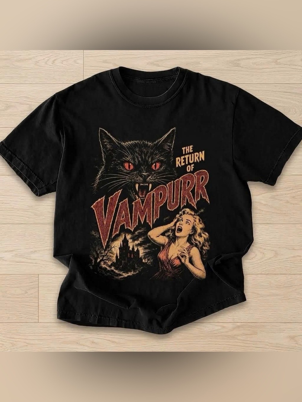 Vampurr Vintage Horror Cat Graphic Tee - Black